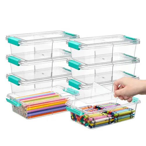 【New Arrival】Vtopmart 4/8 Pack 1.5 Qt Clear Pencil Box with Removable Divider, Plastic Pencil Case Crayon Box, Stackable Storage Containers with Lid for Pen, Art Craft, Back to School Teacher Supplies,dorm essentials,home decor