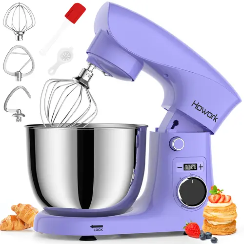 HOWORK 10-Speed Control Family Size Stand Mixer, 5-Quart Tilt-Head Electric Mixer with Stainless Steel Bowl, 3-in-1 Attachments (Dough Hook, Whisk, Flat Beater) for Home Baking, Whips Egg Whites