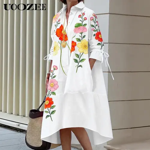 UOOZEE Women's 2026 Summer Bohemian Floral Printed High-Low Shirt Dress - Polyester, Lightweight, Button-Front, 3/4 Sleeve, Loose-Fit, Pocketed, Evening Casual Piece, Size Down for Slim Look