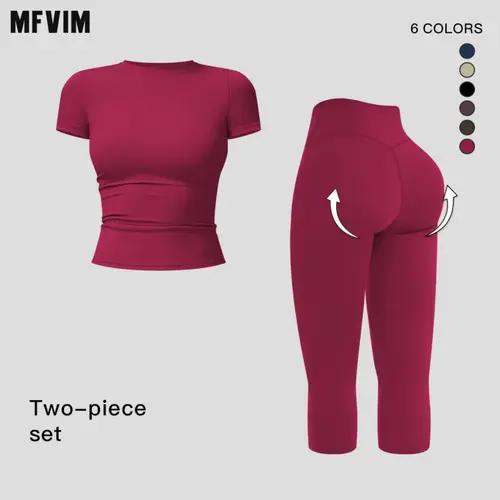 MFVIM Women’s Breathable Body-Shaping Yoga Outfit, High-Waisted Quick-Dry Fitness Wear, Versatile Three-Quarter Shorts Sports Set,summerwins