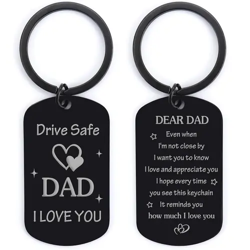Midnight Black with Silver Laser Engrave Polished Stainless Steel Rustproof Drive Safe Keychain - Custom Gifts, Inspirational Love Message, Stars & Hearts Design, Wear-Resistant - Father's Day Gift from Kids - for Car/Truck/Motorcycle Keys - Single Pack