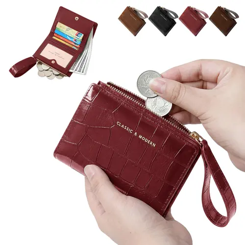 Women’s Minimalist RFID Blocking Bifold Wallet, Compact Leather Card Holder with Zipper Coin Pocket, Slim Small Purse for Cards, Cash & Everyday Carry