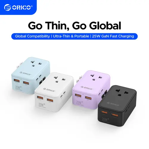 Orico Ultra-Slim Universal Travel Adapter - 1 AC Outlet, 2 USB Ports, 2 Type-C Ports, 25W Fast Charging - Compatible with UK, US, Germany, France - UAT25 for Smartphone, Mobile, Electronic Devices, Airplane Travel Accessories, Life on the Road