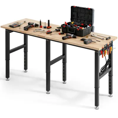 【fathersdaygift】VEVOR Adjustable Workbench, 5000 lbs Capacity, 72 x 24 Inch Oak Wood Top Workstation with 4 AC Outlets & 2 USB Ports, Heavy-Duty Hardwood Worktable for Garage, Workshop, Home, Office, Commercial, Adjustable Workbench Desks, Built-In Outlet