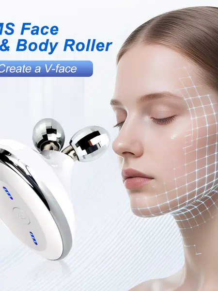 EMS Facial Roller & Body Massager - 360° Double Roller Microcurrent Face Lift Device for Skin Tightening & Toning - 5 Modes V-Face Contouring Tool for Fine Lines & Puffiness - Handheld Home Spa Beauty Roller with High-Frequency Vibration