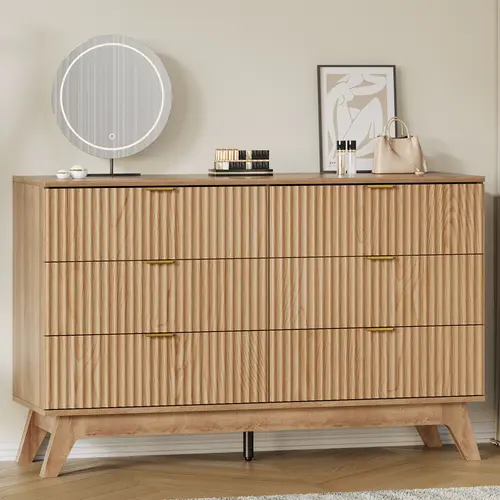 FUSOU 47in Wide Rectangle Fluted Oak 6-Drawer Wood Dresser - Waterproof Top, Floor Standing Single Unit, Slim Metal Pulls, Sleek Look, Nursery/Bedroom Decor, Clever Storage, Life Organization, Wooden TV Stand