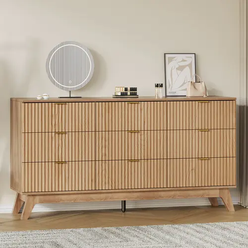 FUSOU 57.1in Oak Wood Modern Bedroom Dresser - 9 Drawers, Fluted Design, Waterproof Top, TV Stand, Drawer Organization, House Decor, Living Room Aesthetic Room Decor Furniture for Closet Storage,dorm essentials,home decor