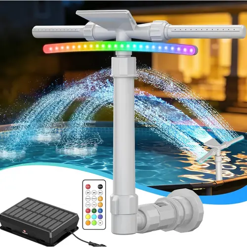 Solar Pool Fountain with 9-Color LED Lights, Dual-Head Adjustable Waterfall Sprinkler, Remote Control & Light Sensor, Cools Water 10-20°F, Suitable for Above Ground & Inground Pools, Outdoor Party Decor#SummerWins