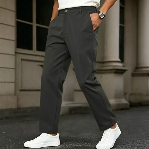 One piece: spring/summer polyester men’s stretch slim casual trousers; runs small; elastic waistband; straight-leg commuter pants. male clothes
