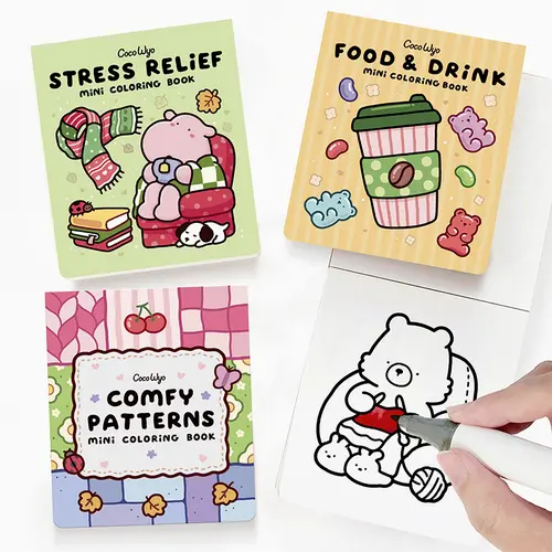 Coco Wyo Mini Coloring Book Set of 3 (3 x 3.5 in) – Stress Relief, Food & Drink, and Comfy Patterns