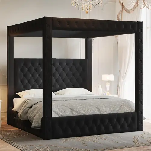 【King Size Shipped in 2 Boxes】AMERLIFE Upholstered Canopy Bed Frame King Size with 74.8" Tall Four Poster and Velvet Deep-Tufted Tall Headboard with Charging Station/Modern Luxury Style/No Box Spring Needed/Black #homemakeover