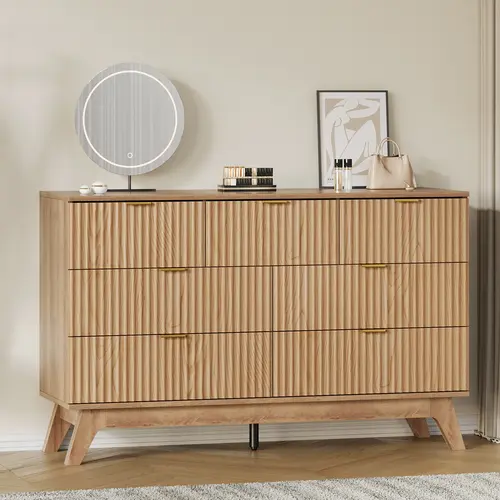 FUSOU 47.2" Oak Wood Modern Floor Standing Bedroom Dresser - 7 Drawers, Fluted Design, Waterproof Top, Room Decor, Drawer Organization, Easy Assembly, Multi-Functional TV Stand for Bedroom Living Room Cabinets,dorm essentials,home decor