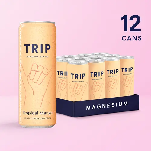 TRIP Tropical Mango Sparkling Magnesium Drink — 120mg Magnesium, Lion's Mane, Chamomile & Lemon Balm, Non-Alcoholic, No Added Sugar, Vegan (12-Pack, 12oz)