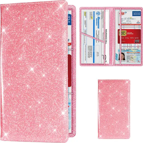 Car Registration and Insurance Card Holder, Vehicle License Document Glove Box Compartment Organizer, Interior Car Accessories for Women Men Teens (Glitter Pink)