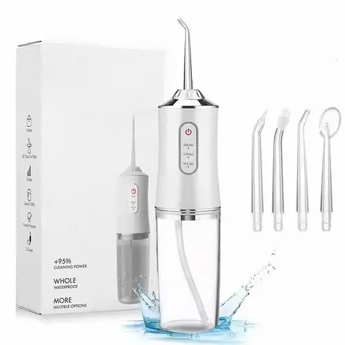 Portable Electric Oral Irrigator Water Flosser with 3 Modes, 4 Jet Tips, 220ml Tank, USB Port, 3-Way Function for Children, Home-Office-Travel Use (White)