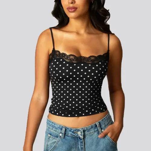 Women's Elastane Double-Lined Lace Sleeveless Cami - Sexy Fitted Spaghetti Strap, Buttery Soft Bodycon, Cute Trendy Party Date Night Sports Tank Top for Women