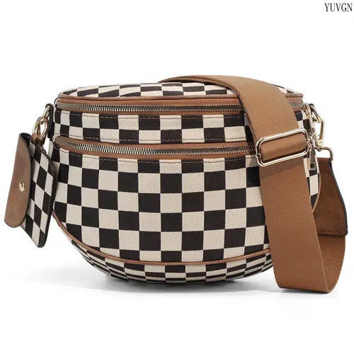 Women's 2026 Trendy Retro Plaid Canvas Bum Bag - Black and White Checkered, Adjustable Shoulder Strap, Multi-Zip Pockets, Easy Carry Bags for Women, Outdoor Gym Accessory for School, Travel