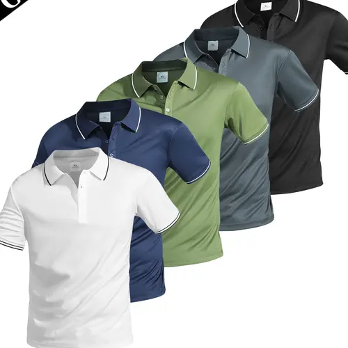 Pack of 5 men’s polo shirts featuring contrast trim at the collar and sleeves; quick-drying, breathable, stretchy, slim fit; turn-down short sleeves; contrasting line edging design; suitable for business casual and sporty wear; summer multi-color versatil