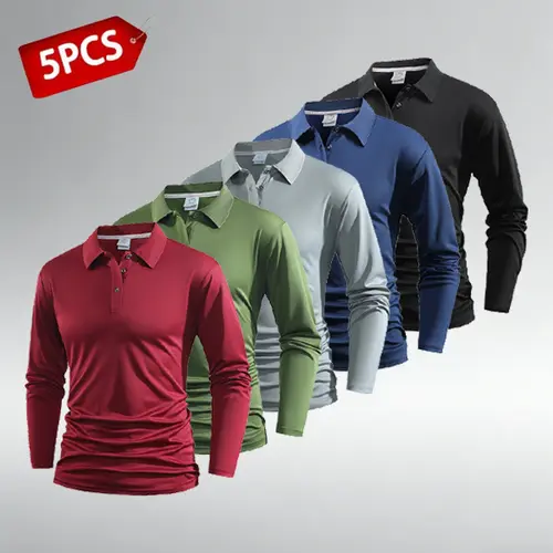 Men’s 5PCS Long Sleeve Polo Shirts - Athletic, Plain, Quick Dry, Wrinkle-Free Casual & Business Tops Polo Tees Menswear polo shirt polo shirt,summerwins,father'sdaygifts