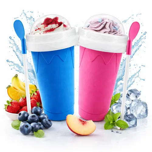 Food Grade Silicone Slushy Maker Cup - Lightweight and Reusable Double Layer Cooling Cup with 2 in 1 Straw and Spoon Cover - Thick Kitchen Bottles Drinkware Fruit Water Bottles