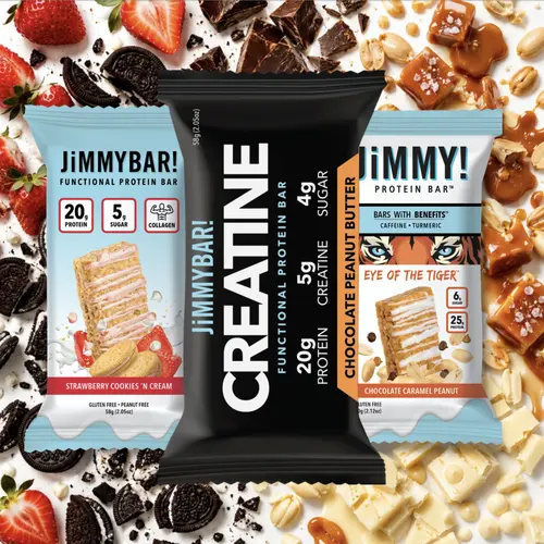 JiMMYBAR! Functional Favorites 6-Pack Sample Pack - Creatine, Collagen, Caffeine, Turmeric - High Protein Snacks - Real Peanuts, Almonds, Chocolate, Peanut Butter, Strawberry, Caramel, Milk Protein Natural Snack Bar