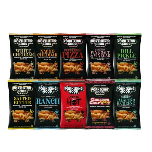 Pork King Good Fried Crunchy Flavor Pork Rinds Variety Pack - 10 Bags of 1.75 oz Gluten Free, Keto Friendly Snacks, Savory Food