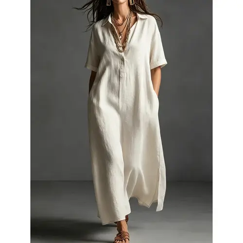 VVZ 2026 women's simple elegant turn-down collar short sleeve dress, solid color loose midi dress, ideal for daily, travel, dating, commuting, versatile summer outfit