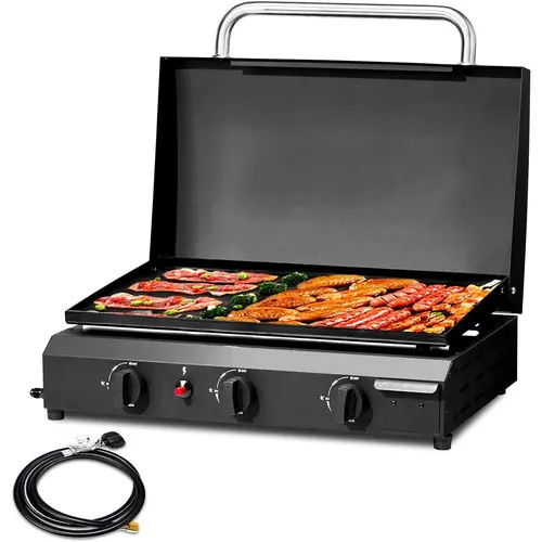 3 Burner Gas Griddle with Hood, Outdoor Propane Griddle, 30000 BTU Propane Fuelled, Portable Flat Top Gas Grill Camping Griddle with Lid for Outside Cooking Camping Tailgating