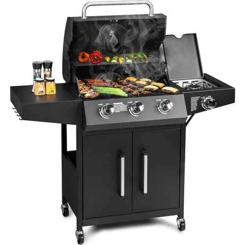3 Burner Propane Grills with Side Burner and Porcelain-Enameled Grates, 46000BTU Gas Grill with Side Shelf and Portable Rolling Wheels, Grill for Outdoor Cooking BBQ Patio Backyard
