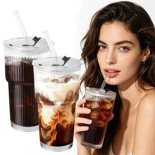 2-Pack 20oz Leak Proof Ribbed Glass Tumblers Set with Lids & Straws Durable Reusable Leak-Proof Travel-Ready for Iced Coffee Smoothies Juice Cocktails Washable Stylish Drinkware