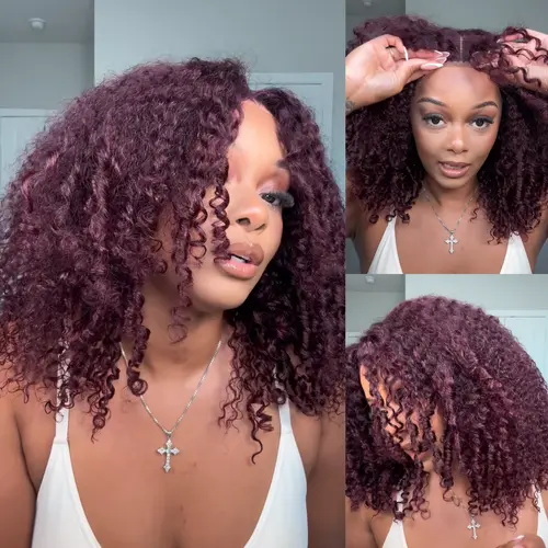 UNice 250% Black Cherry Fluffy  Kinky Curly Wig with Layer Finger Coil Ends Glueless 7x5 Lace Closure Human Hair Wigs 18 inch No Slip Natural Hairline for Beginners Summer Wig Super Brand Day