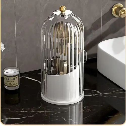 Concealed Toothbrush Holder, Rotating Bathroom Organizer Countertop, Toothbrush Holders with Cover, Bathroom Counter Organizer with Covered Makeup Brush Holder (1pcs White)