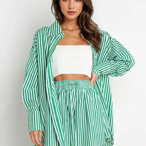 Women's Chic Color Matching Striped Loose Fit Lightweight Long Sleeve Shirt & Drawstring Waist Elastic Shorts Co-ord, Comfort Collared Blouse & Wide Leg Shorts Two-Piece Set