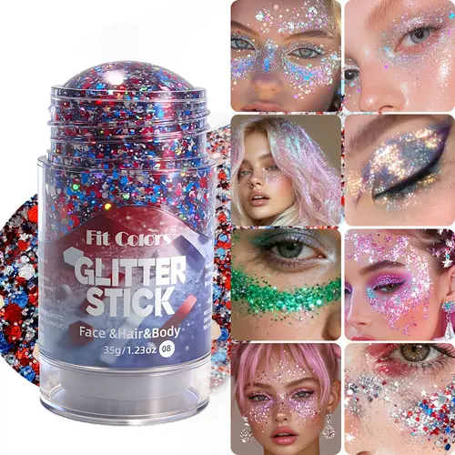 4th of July Glitter Stick Sparkle , Body Painting Pomade, Party Glitter, Face and Body Glitter Gel, Large Glitter, Long Lasting Shine, Suitable for Festivals, Anniversaries, Carnivals, Disco
