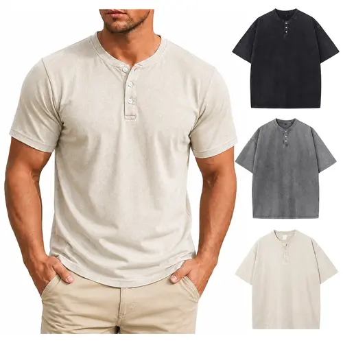 Gihuo Men's 3-Pack Casual Short-Sleeve Henley Shirts,Cotton Acid Wash Vintage Loose Menswear Streetwear Summer Apparel Tees