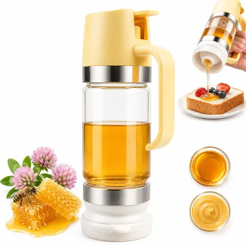 AISOON 10 OZ Transparent Glass Honey Dispenser with Handle - No Drip, Leakproof Kitchen Bottle Canister for Coffee, Pancakes - 1 Pack Yellow Honey Pot, Ideal Gift for Breakfast Prep, Silicone