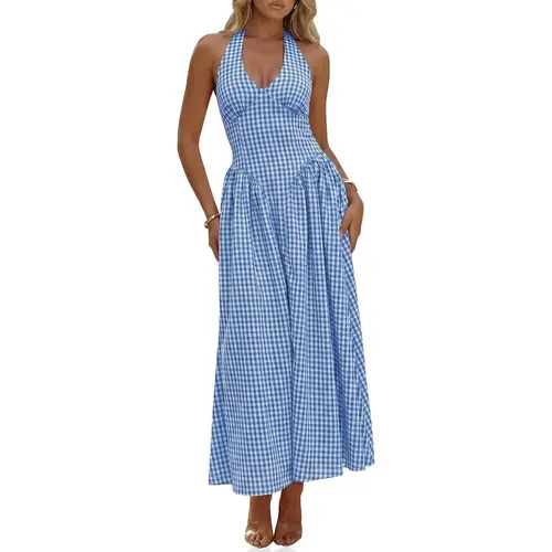 Wenrine Women's Retro Lightweight Soft Fabric Halter V-Neck Corset Maxi Dress - Summer Plaid, Smocked Tie-Back, Backless, Drop Waist - Wedding Guest, Formal Fashion Apparel