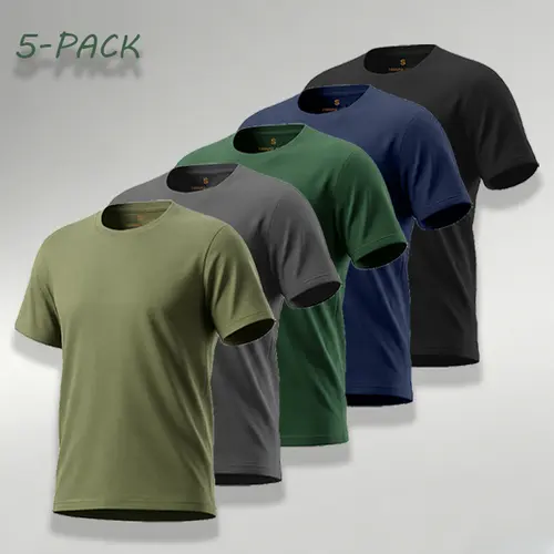 Men's 5-Pack 100% Polyester Quick-Dry Crew Neck Athletic Fit Shirts, Breathable Sports Wear, Gym Clothes Workout Tops