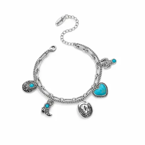 Wrangler 14k Gold/Silver Plated Western Cowboy Charm Bracelet Stacks - Antique Metal Adjustable Size Layered Chain with Boot, Hat, Cactus, Heart Charms - Boho Southwestern Cowgirl Stuff for Rodeo Events, Women's Costume Jewelry Gift for Girlfriend