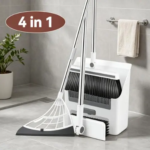 4-in-1 Plastic Broom and Dustpan Combo Set, Lightweight Long Handle Floor Scrub Brush, Comfortable Multifunctional Household Tool for Sweeping, Wiping Home Kitchen