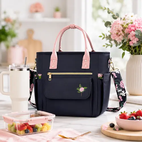 Large Insulated Lunch Bag for Women, Cute Wildflower Lunch Tote for Work & Back to School, Fits 40 oz Tumbler, Leak-Resistant PEVA Lining