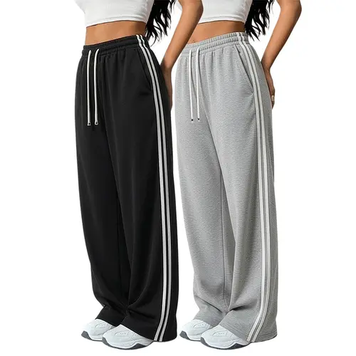 Women's 2-Pack Chic Striped Drawstring Track Pants, Retro Straight-Leg Polyester Casual Pants for Gym Activewear, Drawstring Pants, Long Pants