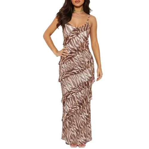 HOCILLE Women's Bodycon Fitted Sleeveless Deep V-Neck Backless Ruffle Long Dress - 2026 Summer Retro Vintage No-Iron Formal Gowns with Floral,Tie Dye,Gingham,Marble,Zebra Prints for Wedding Guest,Party