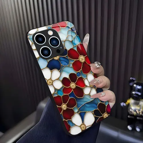 Cottagecore Aesthetic! Handcrafted stained glass floral case for iPhone 17/16/15 Pro Max and Samsung S26/S25 Ultra, vintage art style shockproof cover — 975