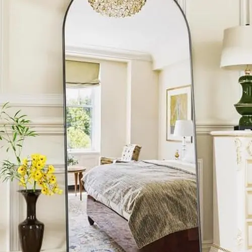 Antok Arched Full Length Mirror with Stand Floor Free Standing Aluminum Frame for Bedroom Body Hanging Leaning Modern Simple Home Decor Shatter-proorf Nano Glass Wall, Gold/black-Rounded,dorm essentials