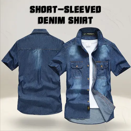 Men’s Slim Fit Short-Sleeve Washed Distressed Denim Mid-Length Shirt - Retro Utility Workwear Top with 2 Chest Pockets, Breathable Fabric, Distressed Wash Gives Vintage Edge, Built to Handle Daily Wear, Layer Over Tees or Wear Solo Neatly