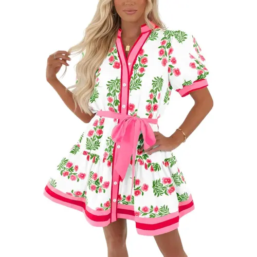 Wenrine Women's Stylish Summer Modern Floral Casual Boho Bohemian Dress - Puff Shortsleeve, V-Neck, Button-Down, Loose, Poly-Elastane Fabric, Detachable Belt, Stylish Women's Wear