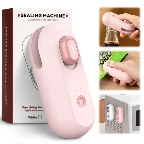 4-in-1 Ultra-Light Mini Sealing Machine - USB-Recharge, Hidden Safety Features, Magnetic Fridge Backing, Clean White Home Kitchen Tool for Mini Sized Products, Indoors, Quick Bag Closure