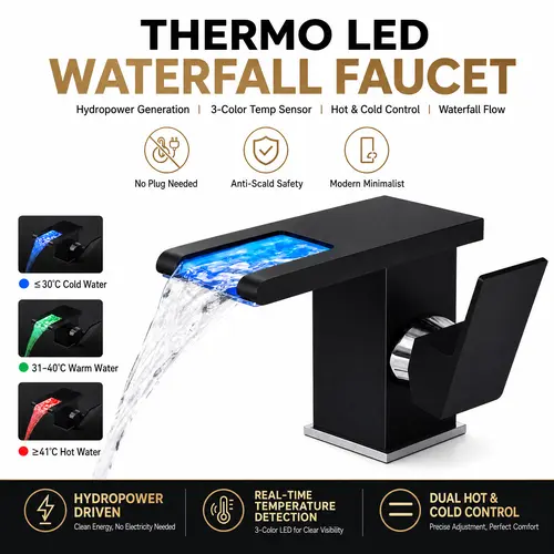Rust-Resistant LED Stainless Steel Black Waterfall Bathroom Faucet - Safe Single-Hole Single-Handle Vanity Faucet with 3-Color Temperature-Sensitive Light, Durable Ceramic Cartridge, Supply Lines Included for RV Sinks