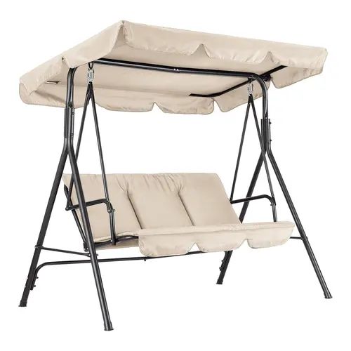 3 Seat Outdoor Patio Porch Swing with Stand, Adjustable Waterproof Canopy, 600 LBS Heavy Duty Steel Frame Porch Swing, Thick Waterproof Cushions Outdoor Swing Chair for Backyard Front Porch Lawn Garden Relaxation